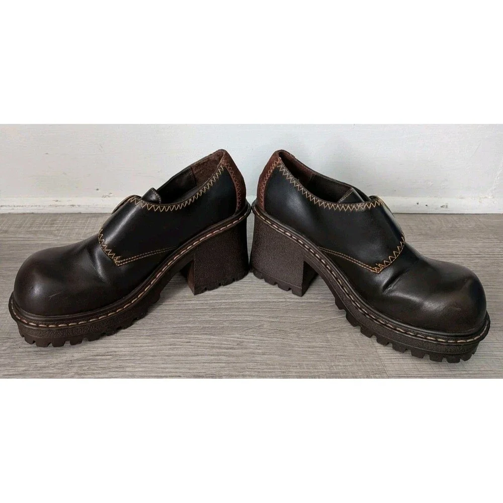 90s L.E.I. Brown Chunky Platform Buckle Shoes Grunge Women's Sz 8.5 Vintage Y2K